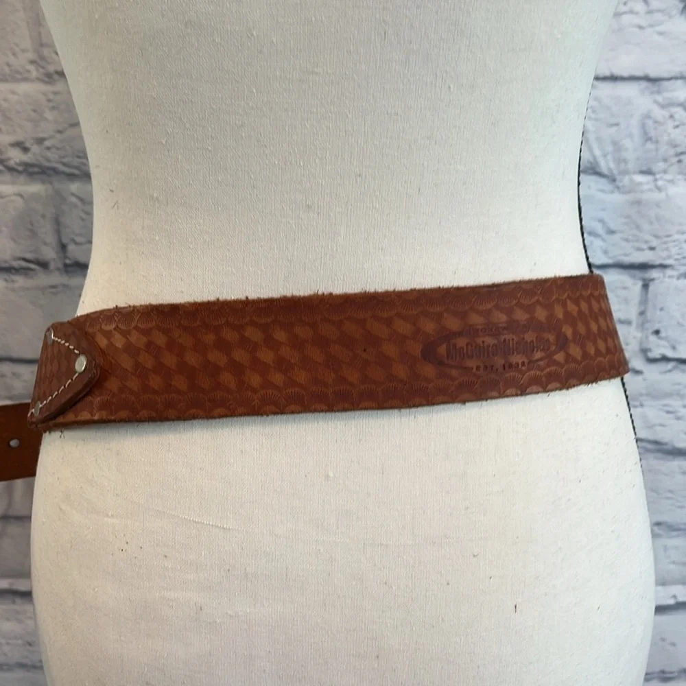 Vintage McGuire-Nicholas Leather Men’s Belt Mexico Tooled Basket Weave Cognac